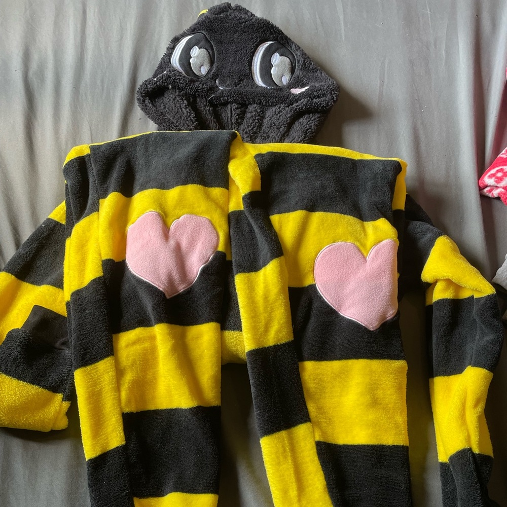Women’s Yellow and Black Bumblebee Striped Onesie with Pink Hearts
